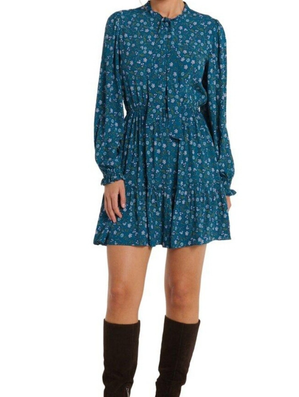 Hermoza Teal Floral Long-Sleeve Tiered Mini Dress Flirty Size Small